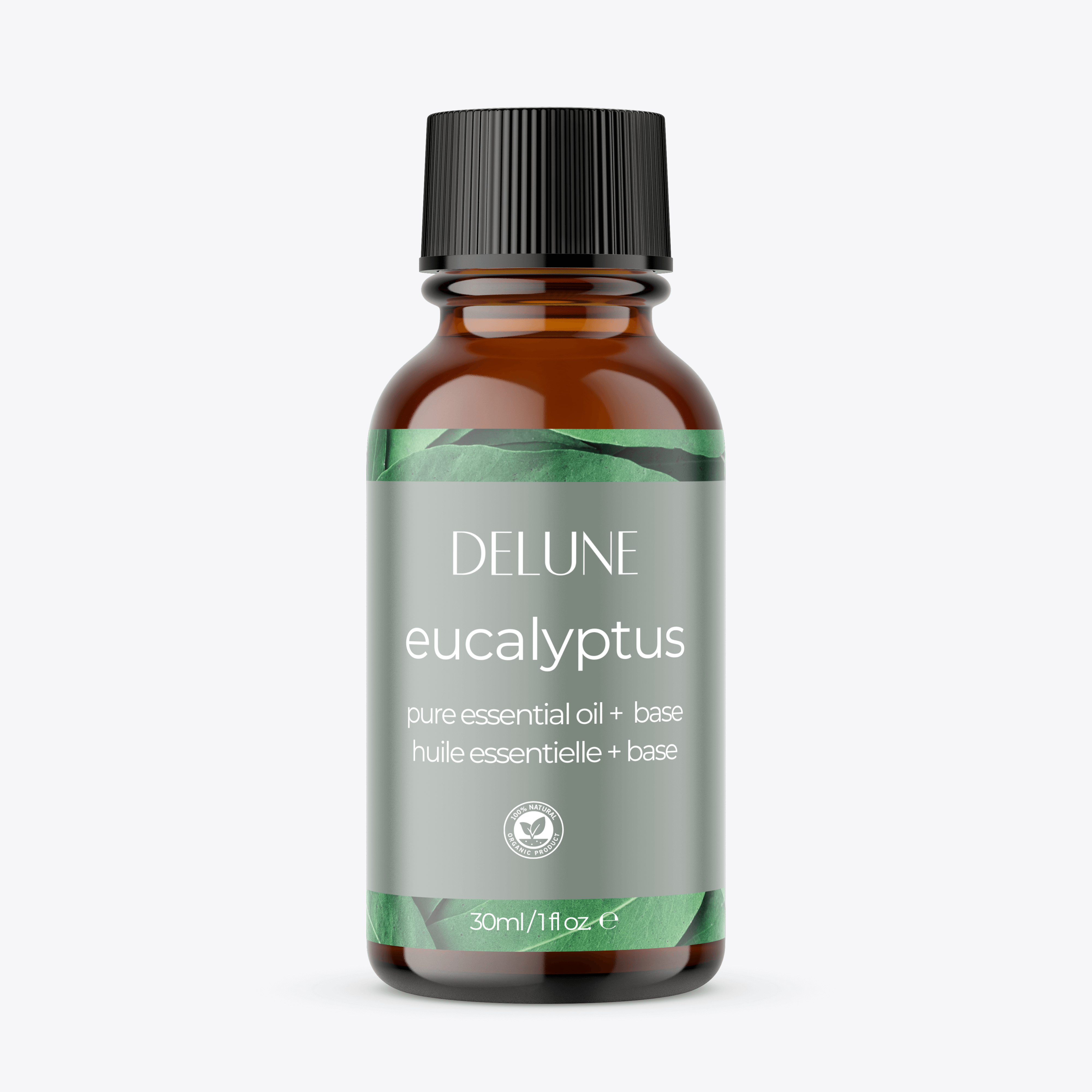 Eucalyptus Essential Oil Bottle with Fresh Leaves Background