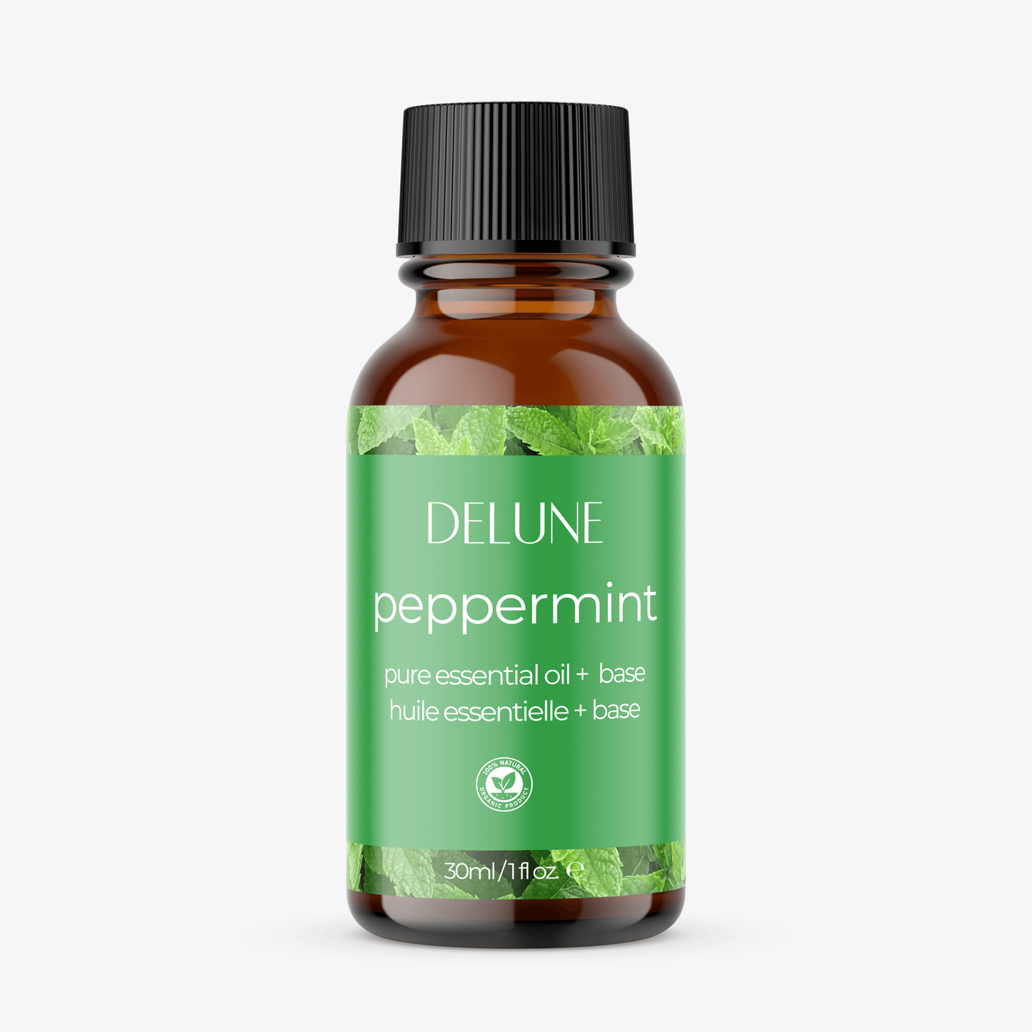 30ml bottle of DELUNE peppermint essential oil with invigorating minty aroma, ideal for body and bath use.