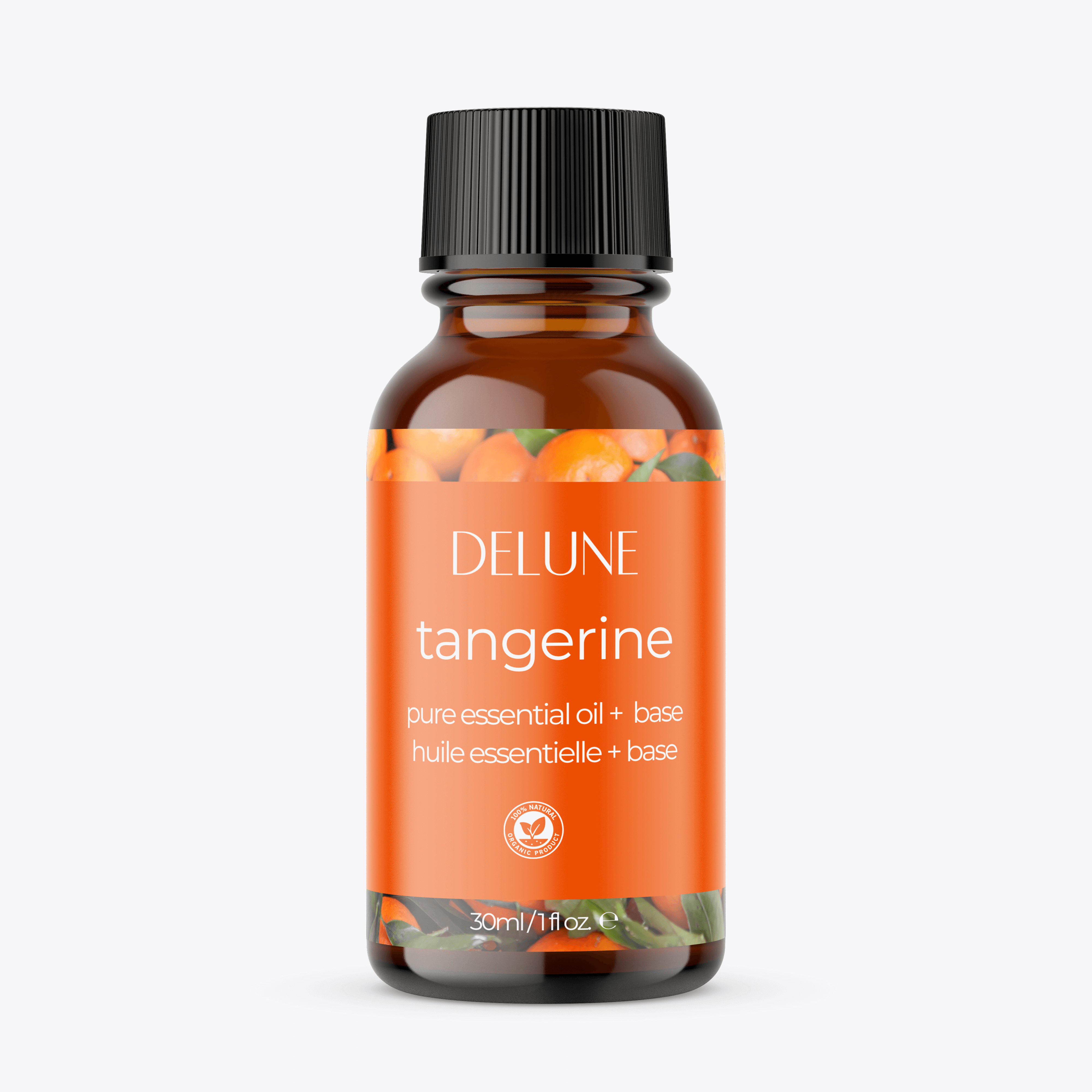 Tangerine essential oil bottle with fresh tangerines, offering a sweet and citrusy aroma for a rejuvenating bath experience.